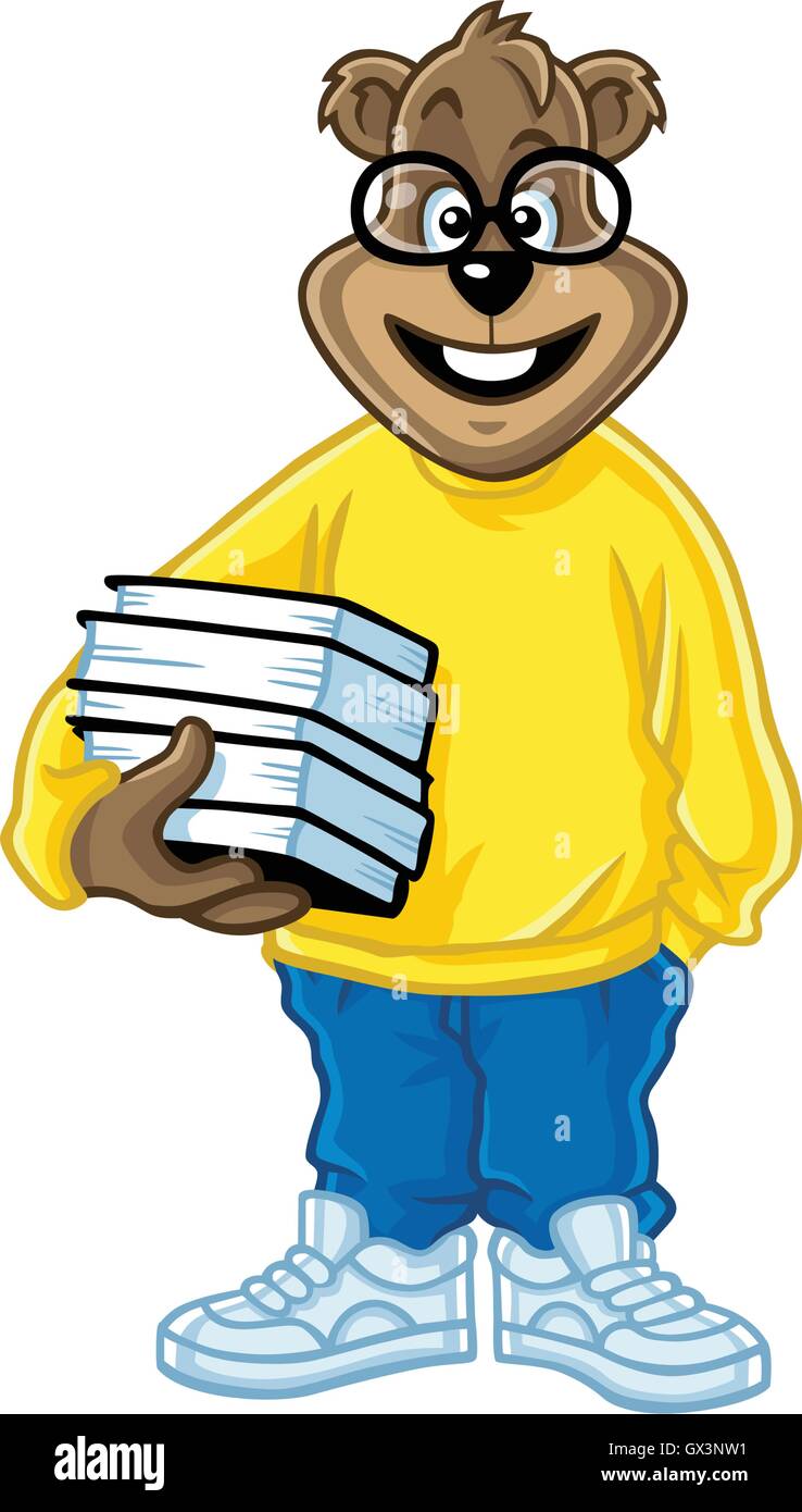 Nerd Geek Bear Holding libri vettore Cartoon Illustrazione Vettoriale