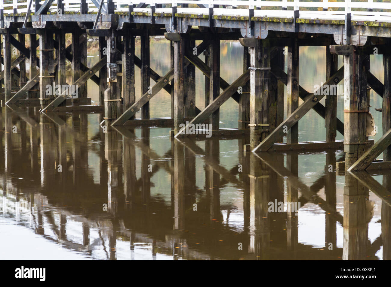 Struttura in legno Penmaenpool ponte a pedaggio, oltre il Fiume Mawddach vicino a Dolgellau, Wales, Regno Unito Foto Stock