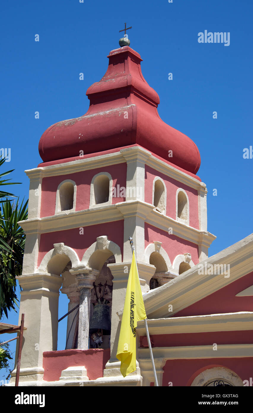 Torre campanaria chiesa Greco Ortodossa Panagia Mandrakina Corfu ISOLE IONIE Grecia Foto Stock