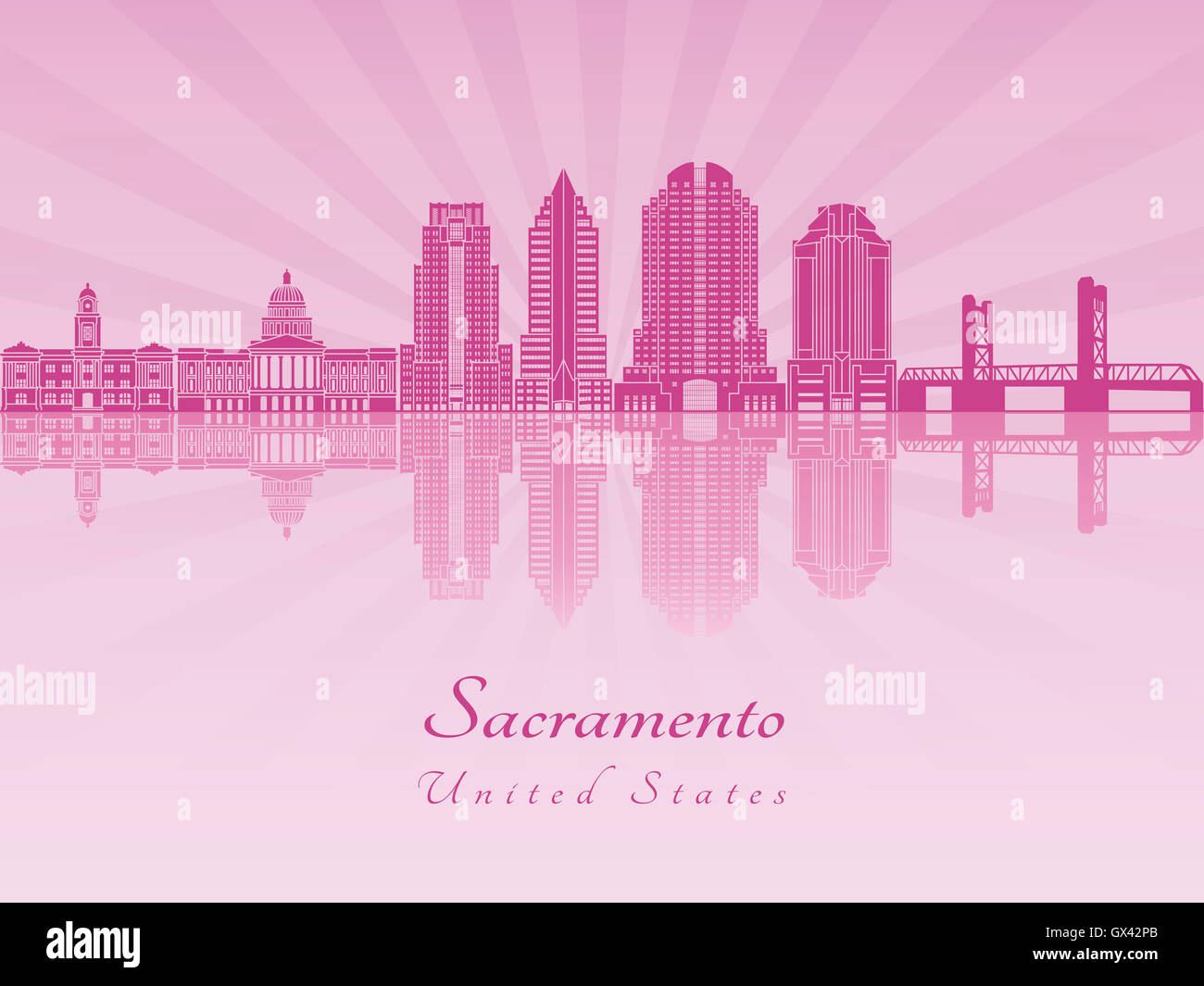 Lo skyline di Sacramento in viola orchidea radiante in modificabile file vettoriali Foto Stock