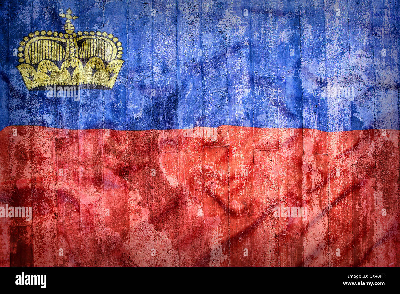 Stile grunge di Liechtenstein bandiera su un muro di mattoni per lo sfondo Foto Stock