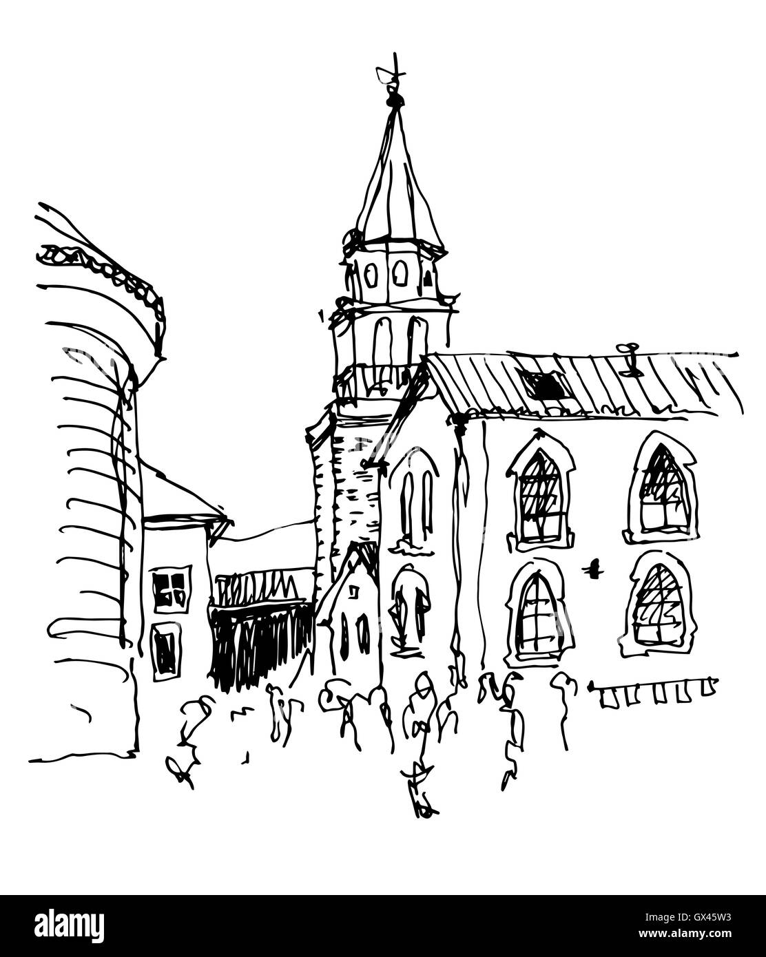 La torre campanaria della chiesa vista superiore nella città vecchia di Budva Montenegro Illustrazione Vettoriale