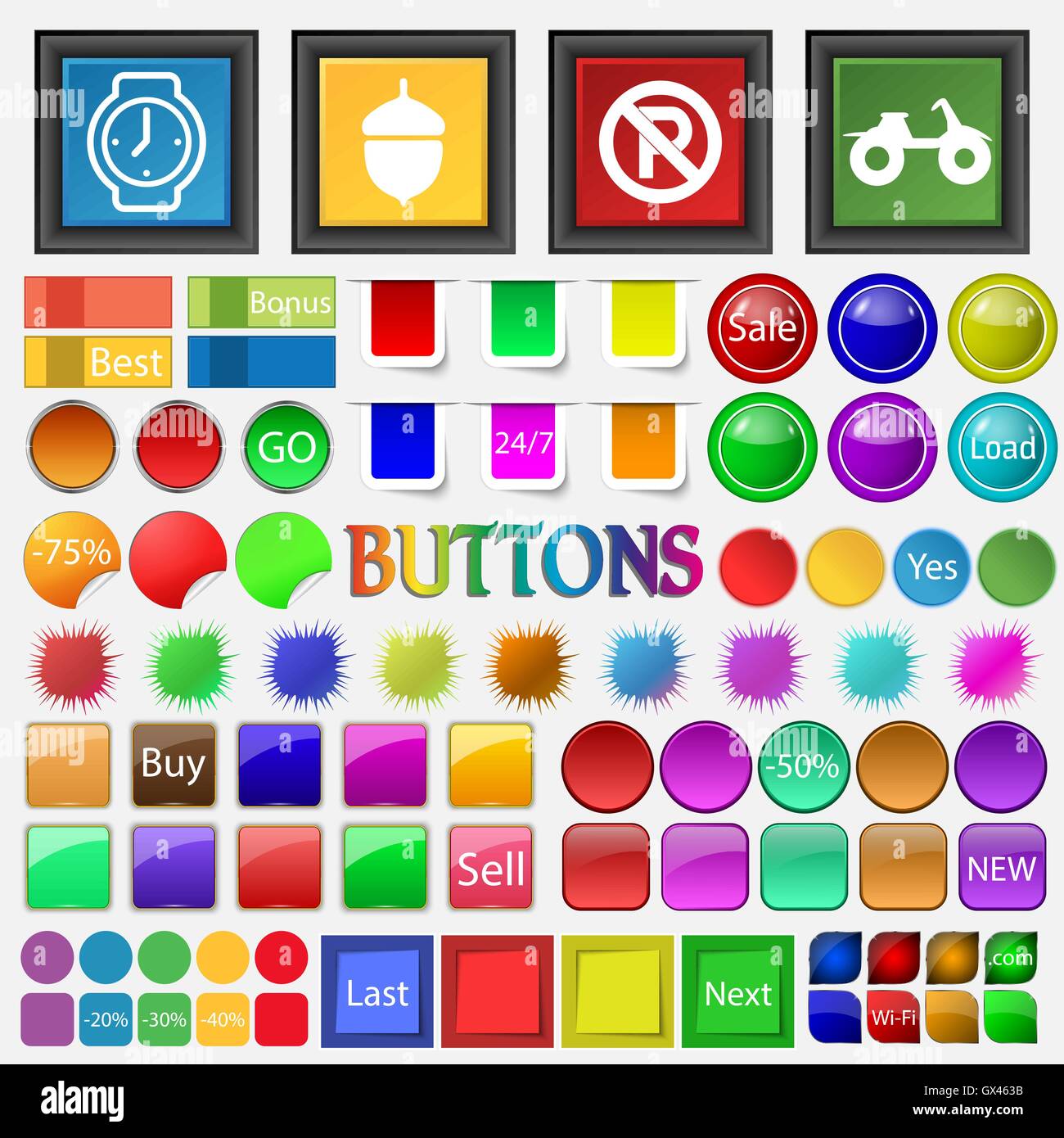 Ore , acorn , parcheggio è vietato , icona ATV. Grandi pulsanti per il tuo sito. Vettore Illustrazione Vettoriale