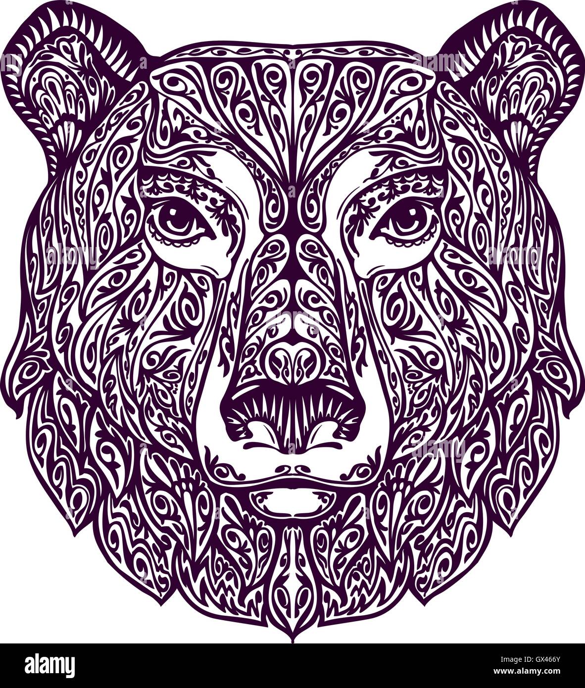 Ornata etnica orso. Disegnata a mano illustrazione vettoriale con elementi floreali Illustrazione Vettoriale