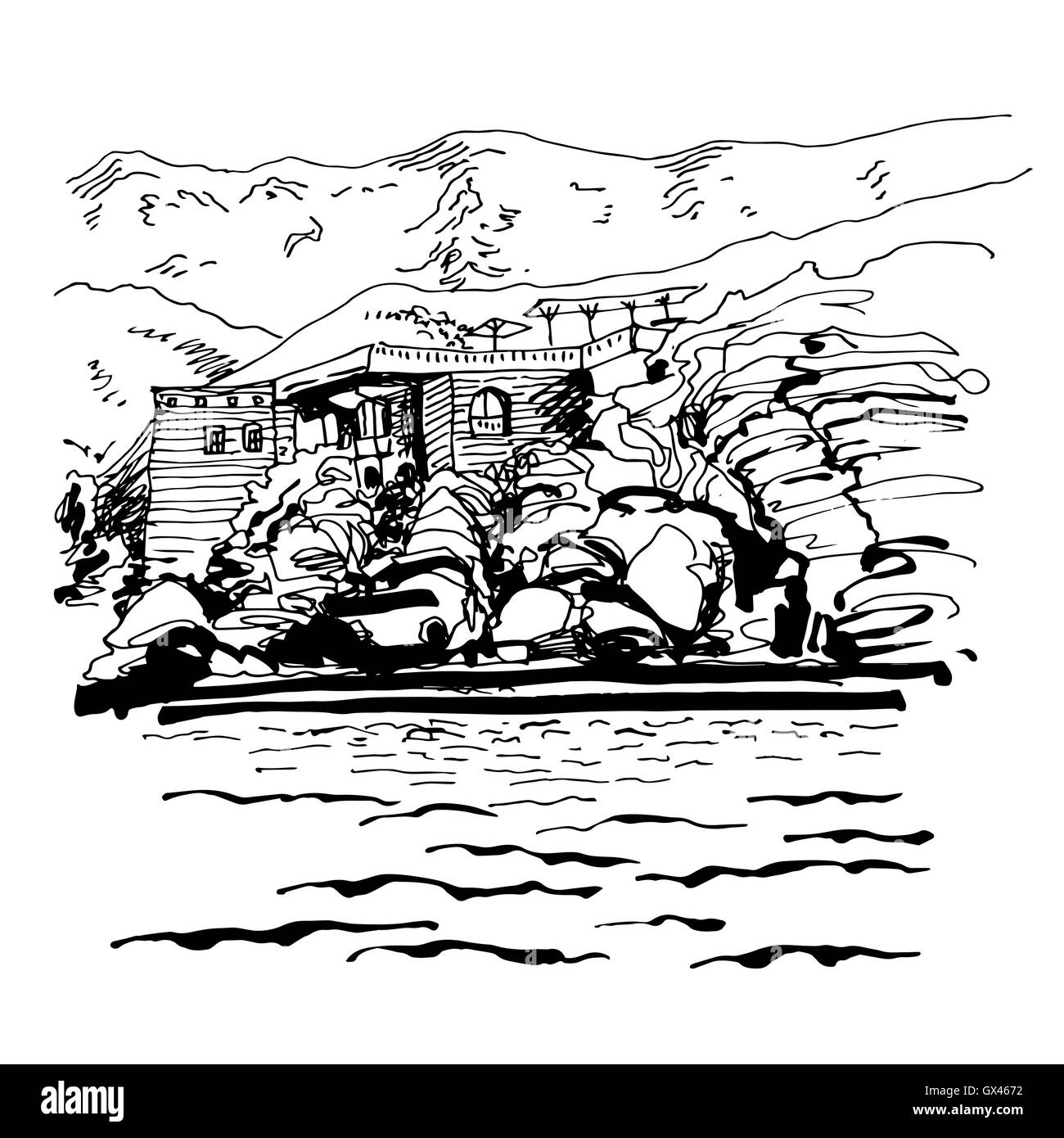 Originale in bianco e nero disegno di Sveti Stefan island i Illustrazione Vettoriale