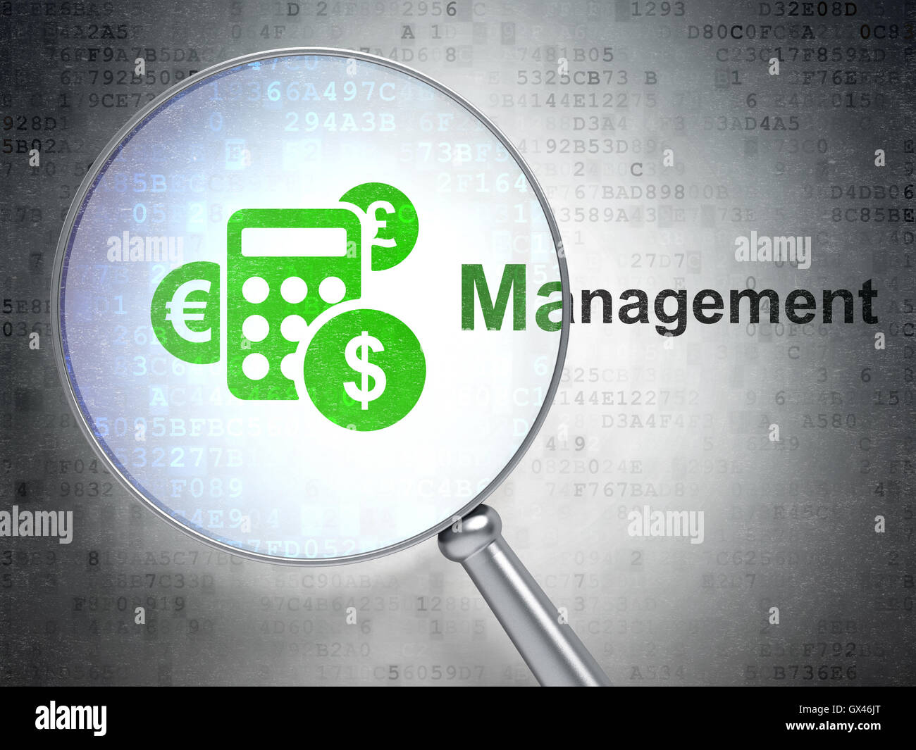 Il concetto di business: calcolatrice e gestione con vetro ottico Foto Stock