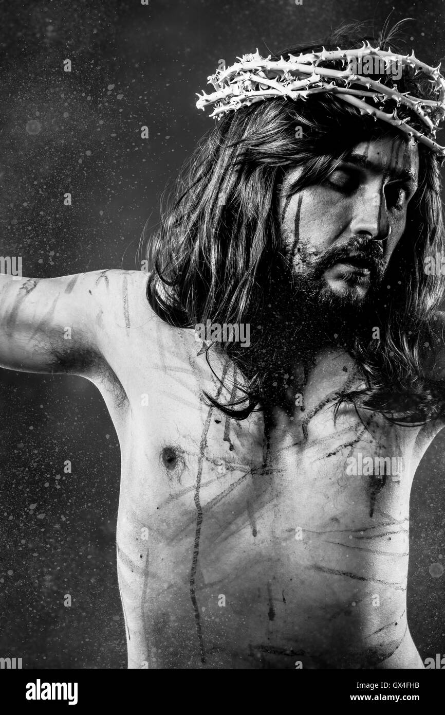 Gesù Cristo sul Calvario, uomo sanguinamento, rappresentazione della passione wi Foto Stock