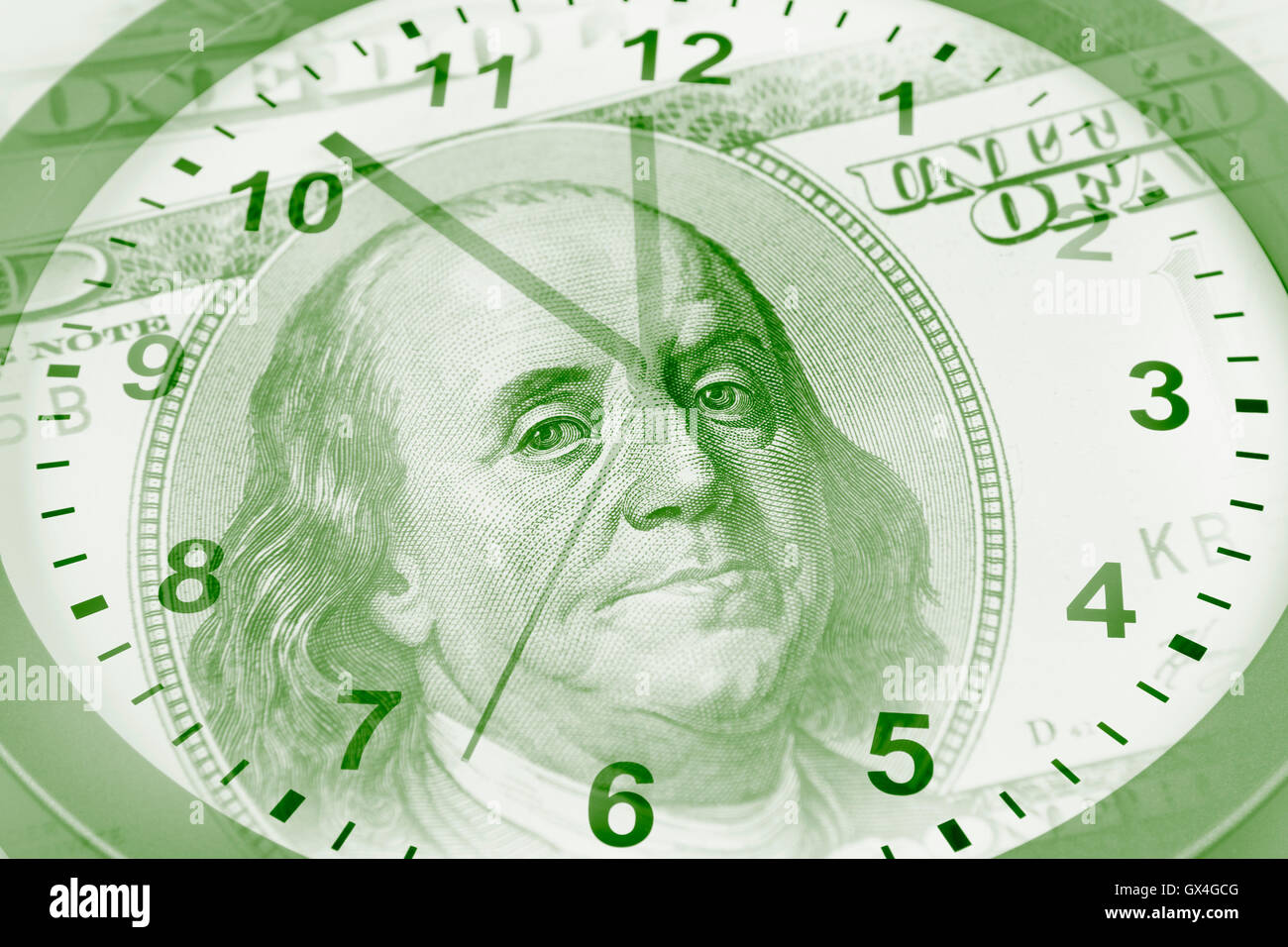 Orologio e American banconota Foto Stock