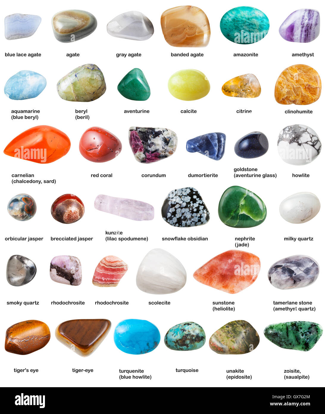 Varie burattati pietre preziose con nomi isolati su sfondo bianco Foto  stock - Alamy