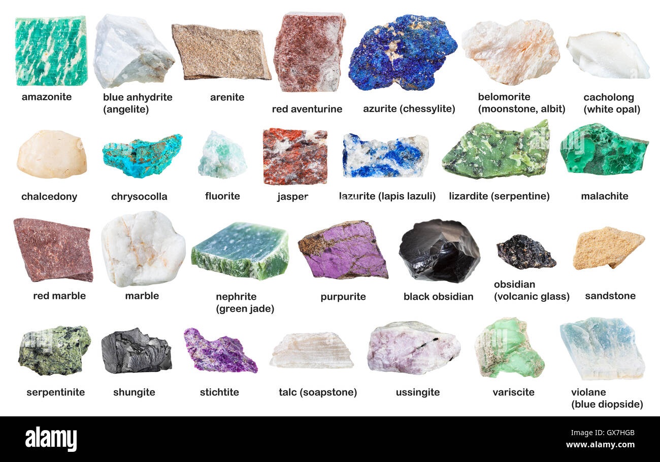 Collezione da varie materie pietre decorative e minerali con nomi isolati  su sfondo bianco Foto stock - Alamy