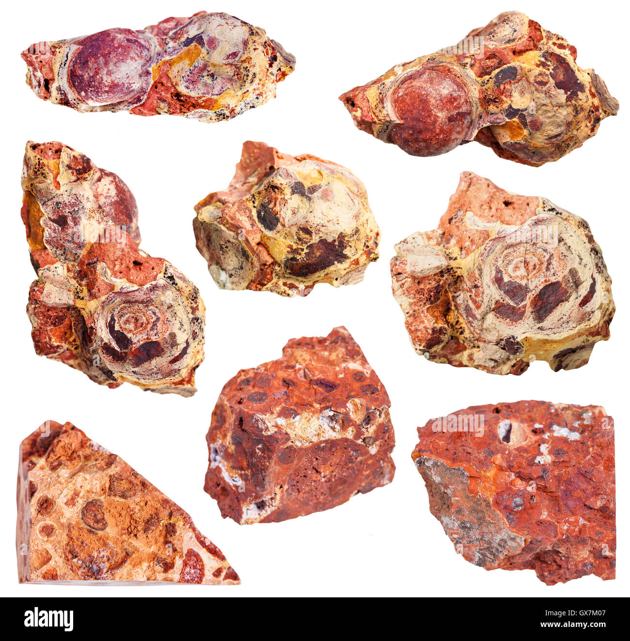 Collezione da esemplari di bauxite (minerale di alluminio minerali isolati su sfondo bianco Foto Stock