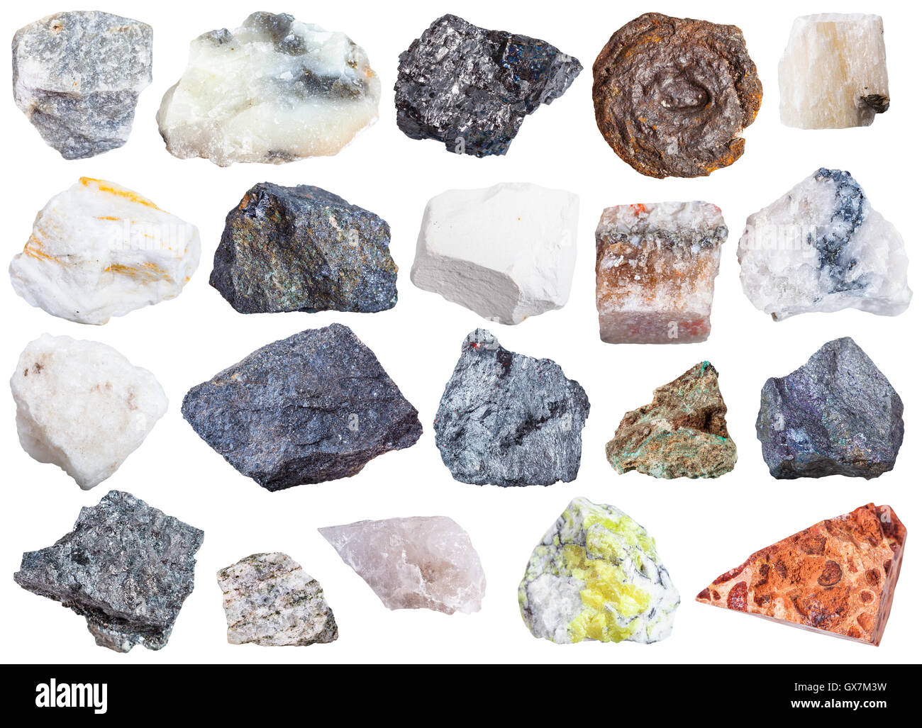 Raccolta di minerali naturali - campioni di apatite, anidrite, gesso, molybdenite, bornite, halite, cromite, wolframite, antimon Foto Stock