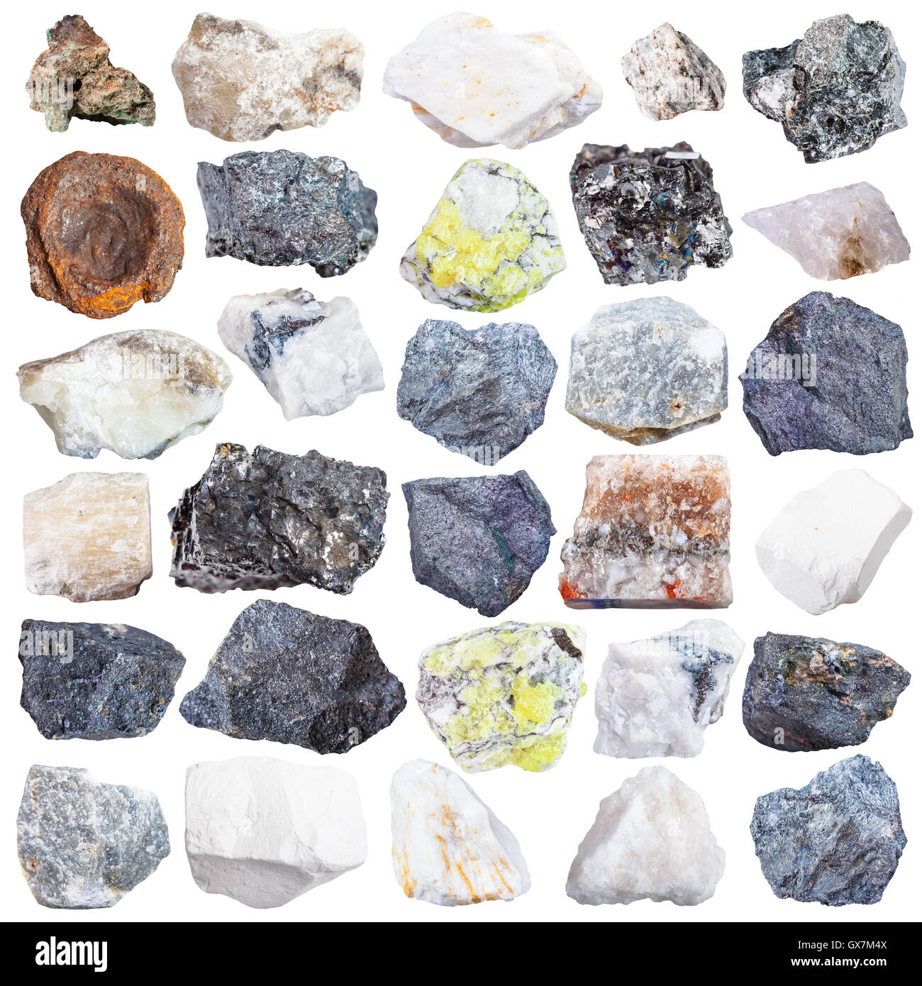 Set di minerale naturale esemplari - apatite, pietra da gesso e anidrite, molybdenite, bornite, halite, cromite, wolframite, antimonite, b Foto Stock