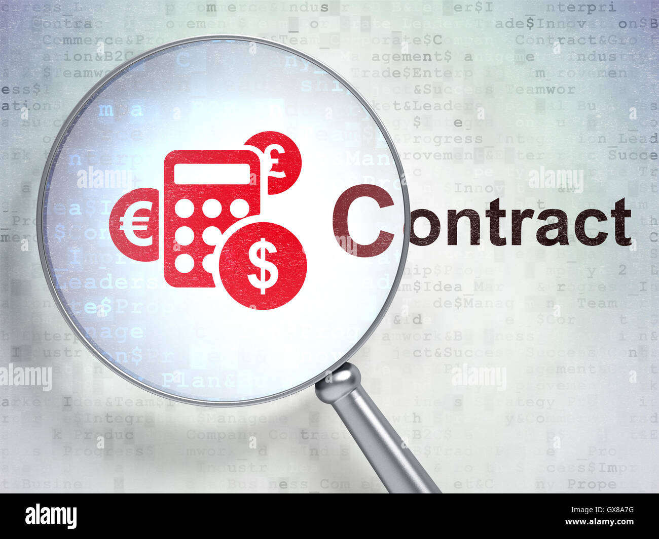 Il concetto di business: calcolatrice e contratto con vetro ottico Foto Stock