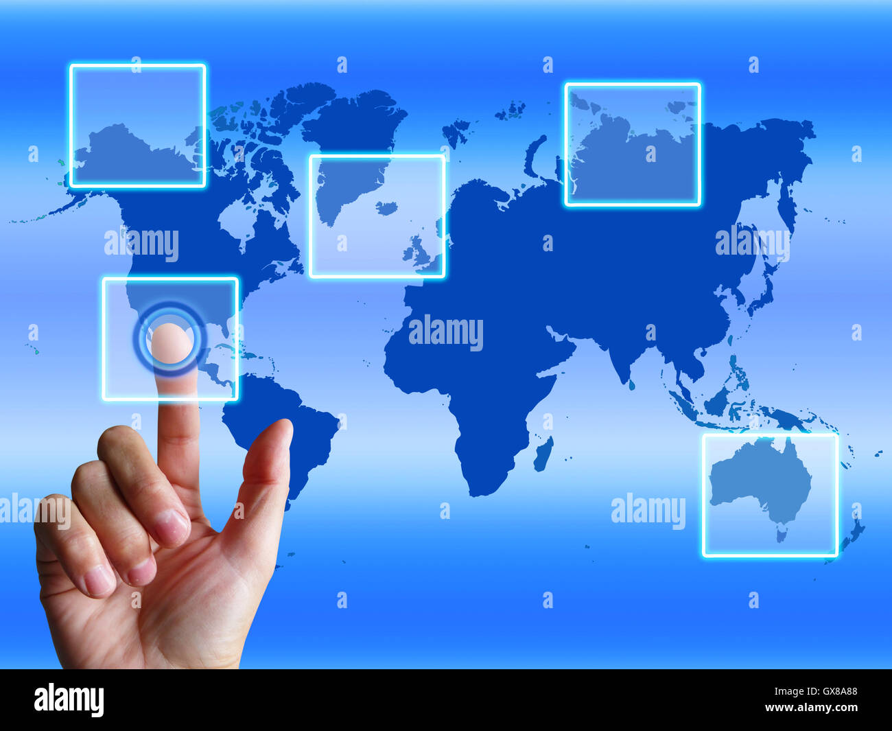 Mappa mondo dito mostra nel mondo della comunicazione globale e Cybers Foto Stock
