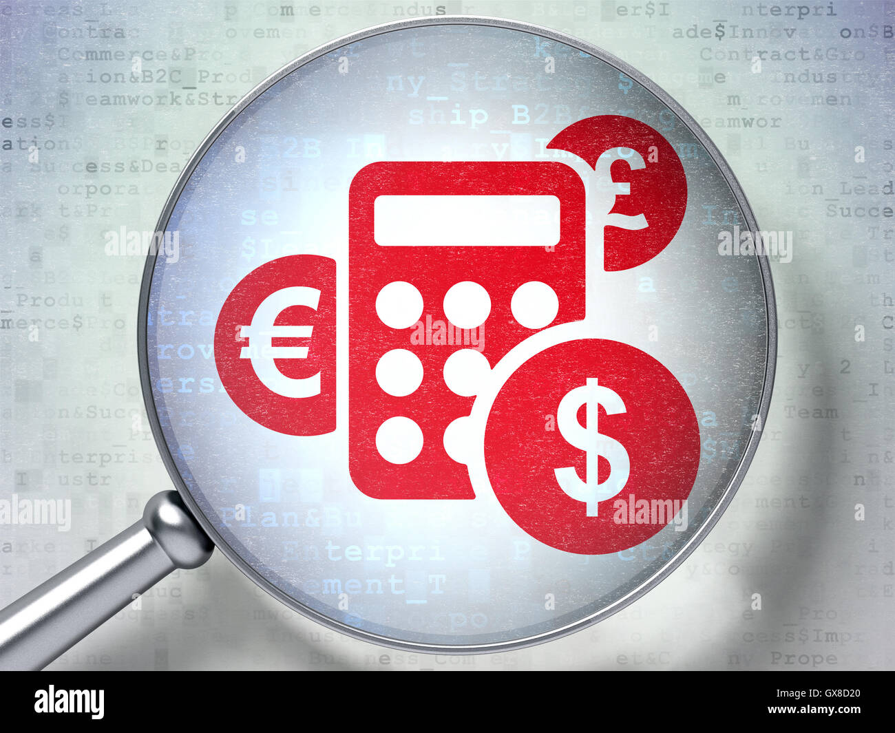 Il concetto di pubblicità: calcolatrice con vetro ottico sul digitale b Foto Stock