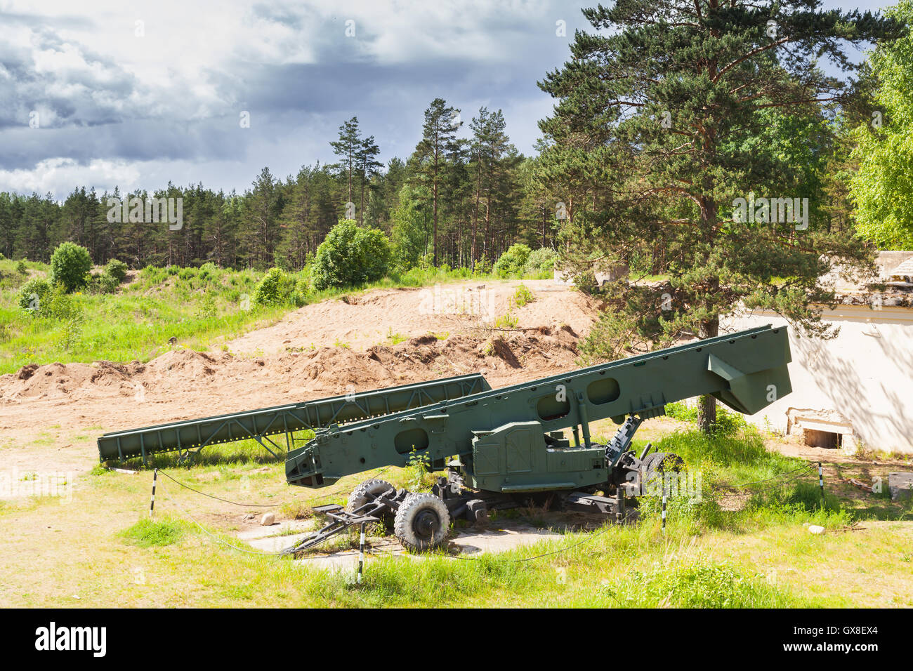 Lanciatore di S-2 Sopka razzo. Sistema di difesa costiero dall' Unione Sovietica Foto Stock