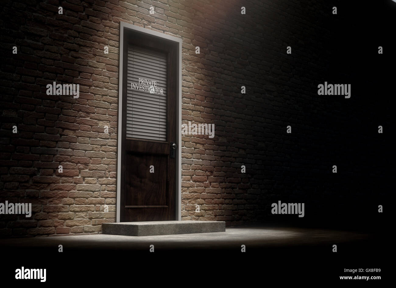 Un 3D rendering di una porta di legno su una faccia un edificio di mattoni coperta da un otturatore chiuso con investigatore privato scritto su di esso highli Foto Stock