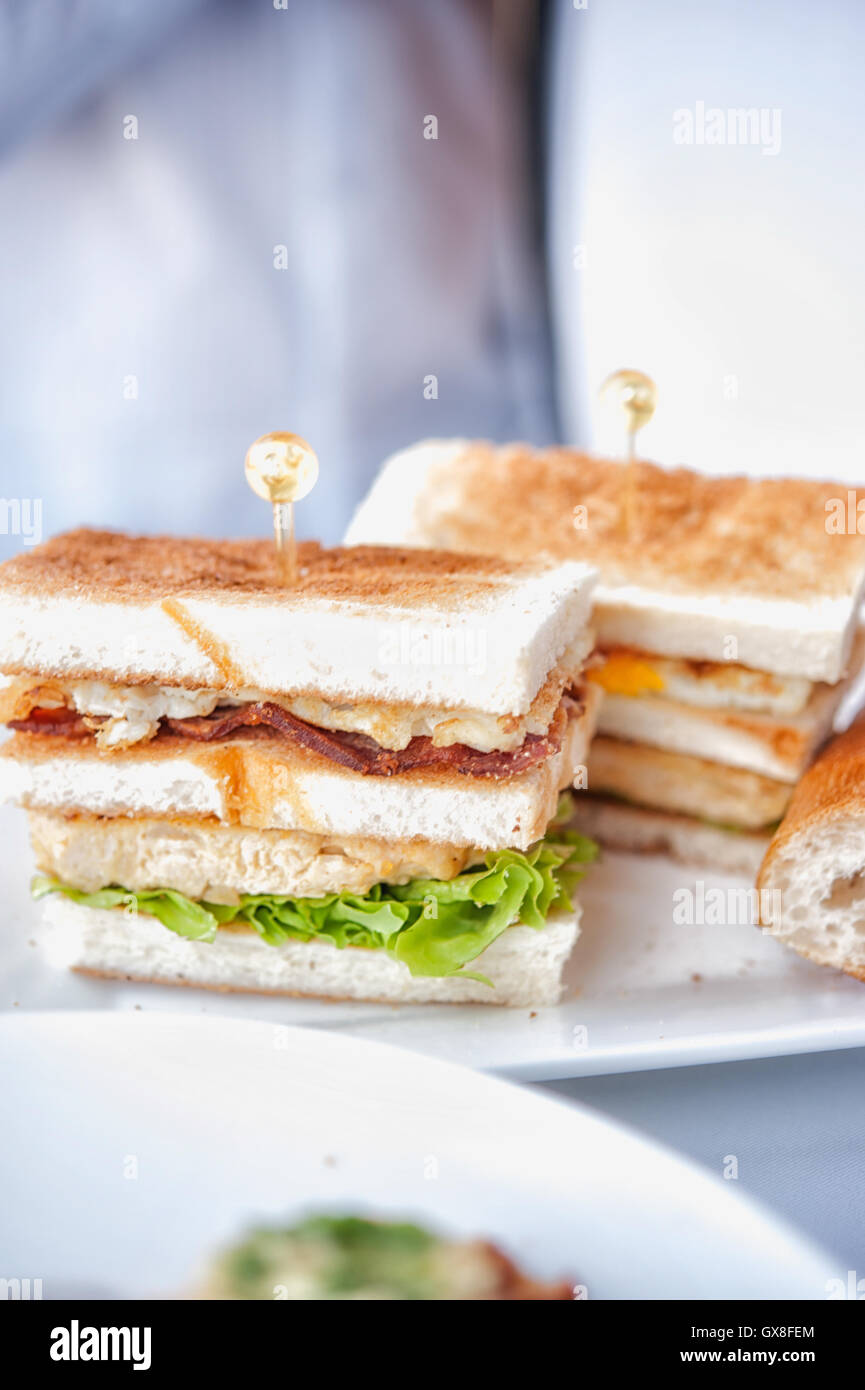 Fresco e delizioso classic club sandwich sul piatto bianco Foto Stock