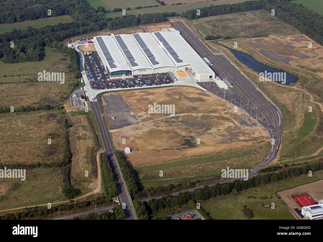 Vista aerea di Hitachi Rail Europe in fabbrica a Newton Aycliffe, County Durham, Regno Unito Foto Stock