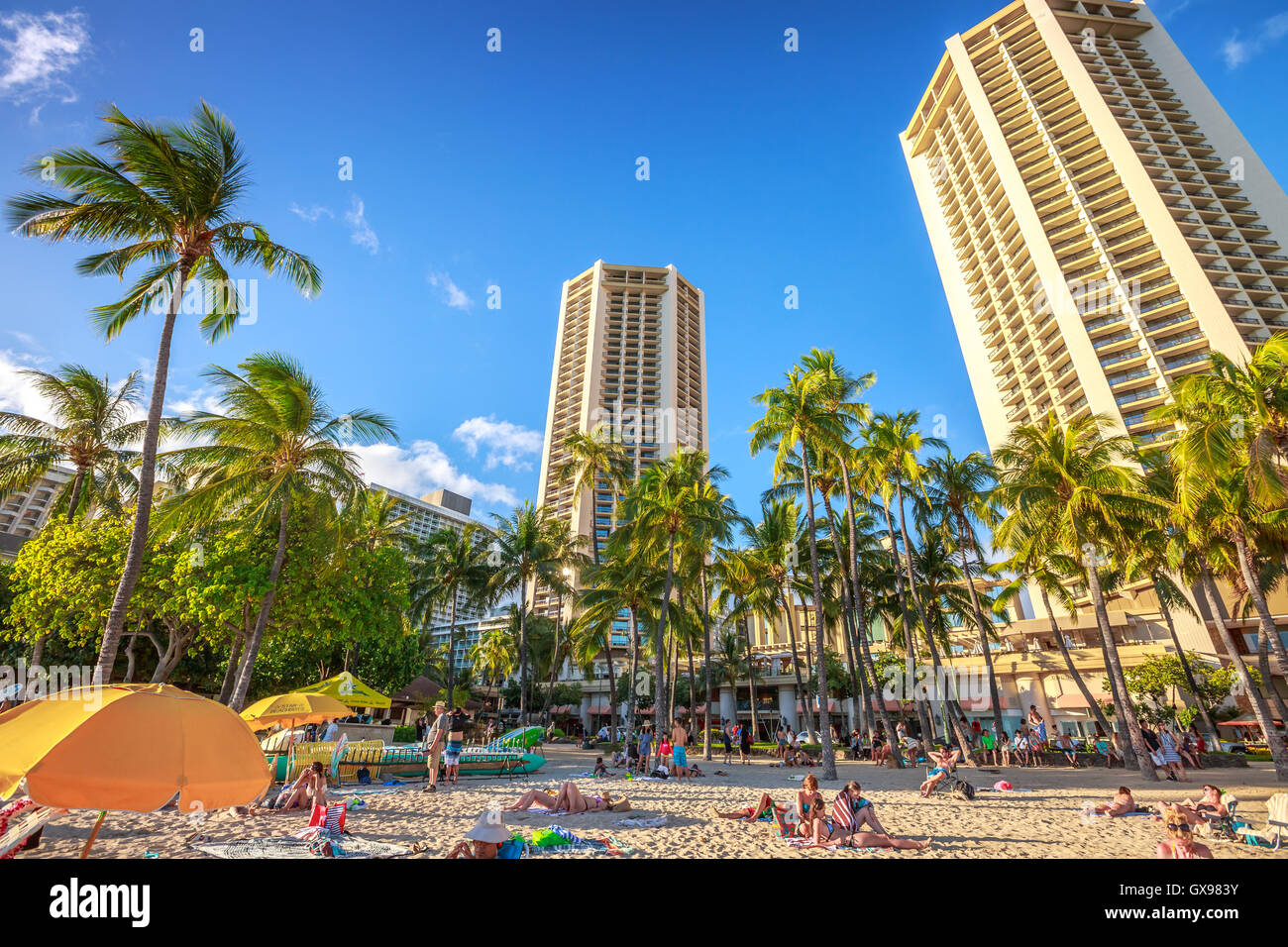 La spiaggia di Waikiki di Oahu Foto Stock
