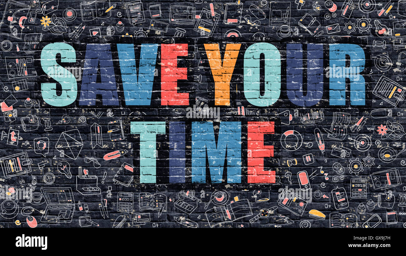 Multicolor risparmiate il vostro tempo sulla Brickwall scuro. Doodle stile. Foto Stock