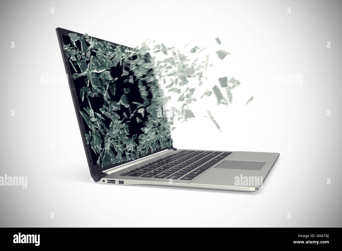 Metallo moderni laptop con schermo rotto isolati su sfondo bianco. 3d illustrazione Foto Stock