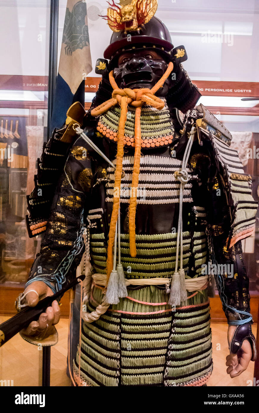Copenaghen, Danimarca, primo piano, all'interno, il Museo Nazionale Nationalmuseet, il costume Samurai giapponese d'epoca, la collezione di antiquariato Foto Stock