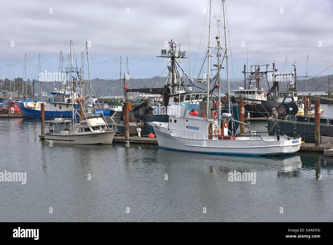Le navi da pesca con il buttafuori sollevata ormeggiata in Newport Bay marina Oregon. Foto Stock
