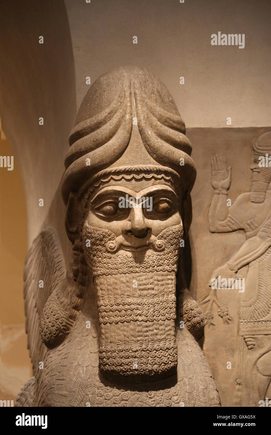 Uomo con testa di leone alato (lamassu). 883-859 A.C. Neo-Assyrian. Regno di Ashurnasirpal. Nimrud (antica Kalhu). Mesopotamia. Foto Stock