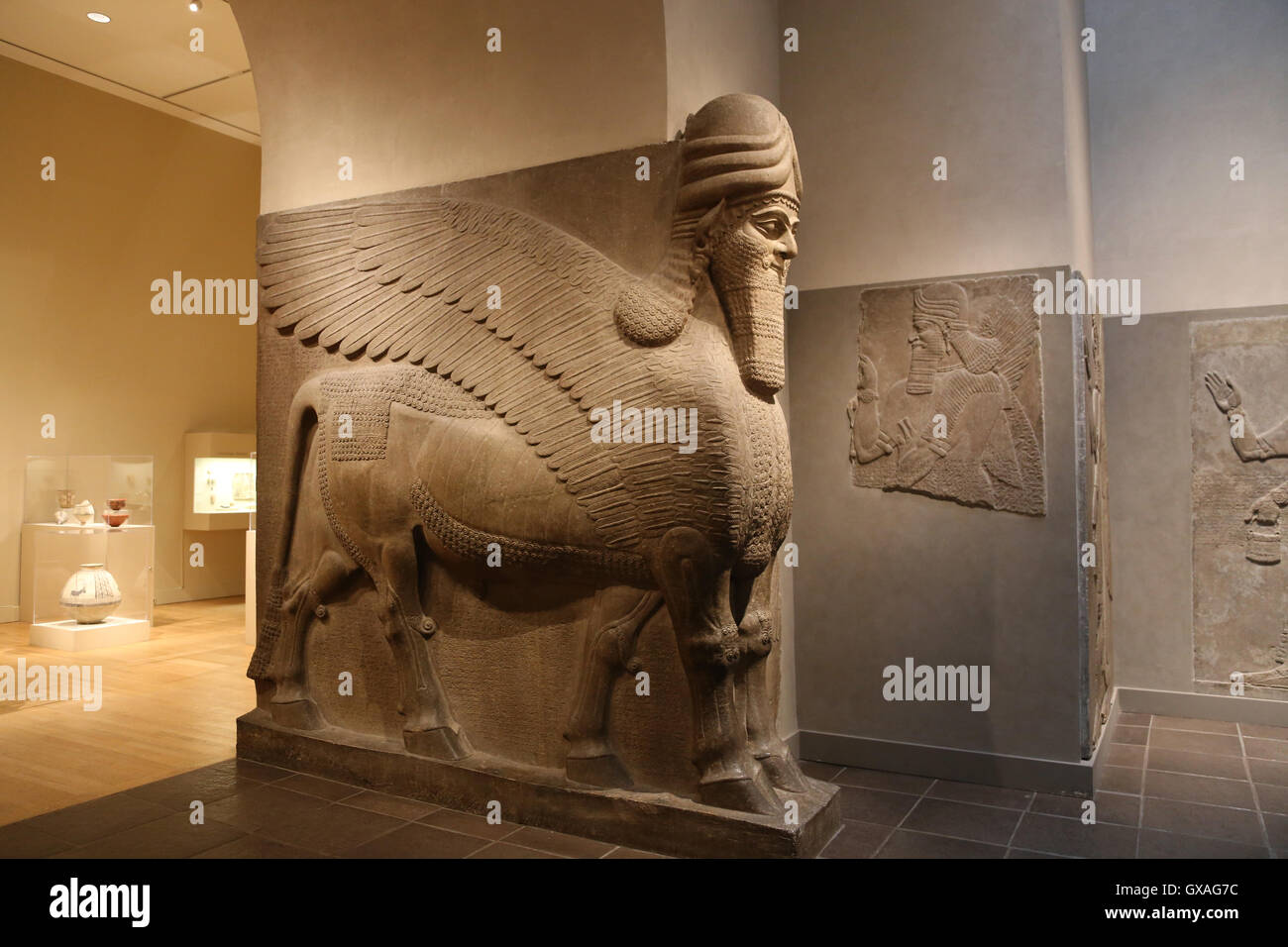 Uomo con testa di leone alato (lamassu). 883-859 A.C. Neo-Assyrian. Regno di Ashurnasirpal. Nimrud (antica Kalhu). Mesopotamia. Foto Stock