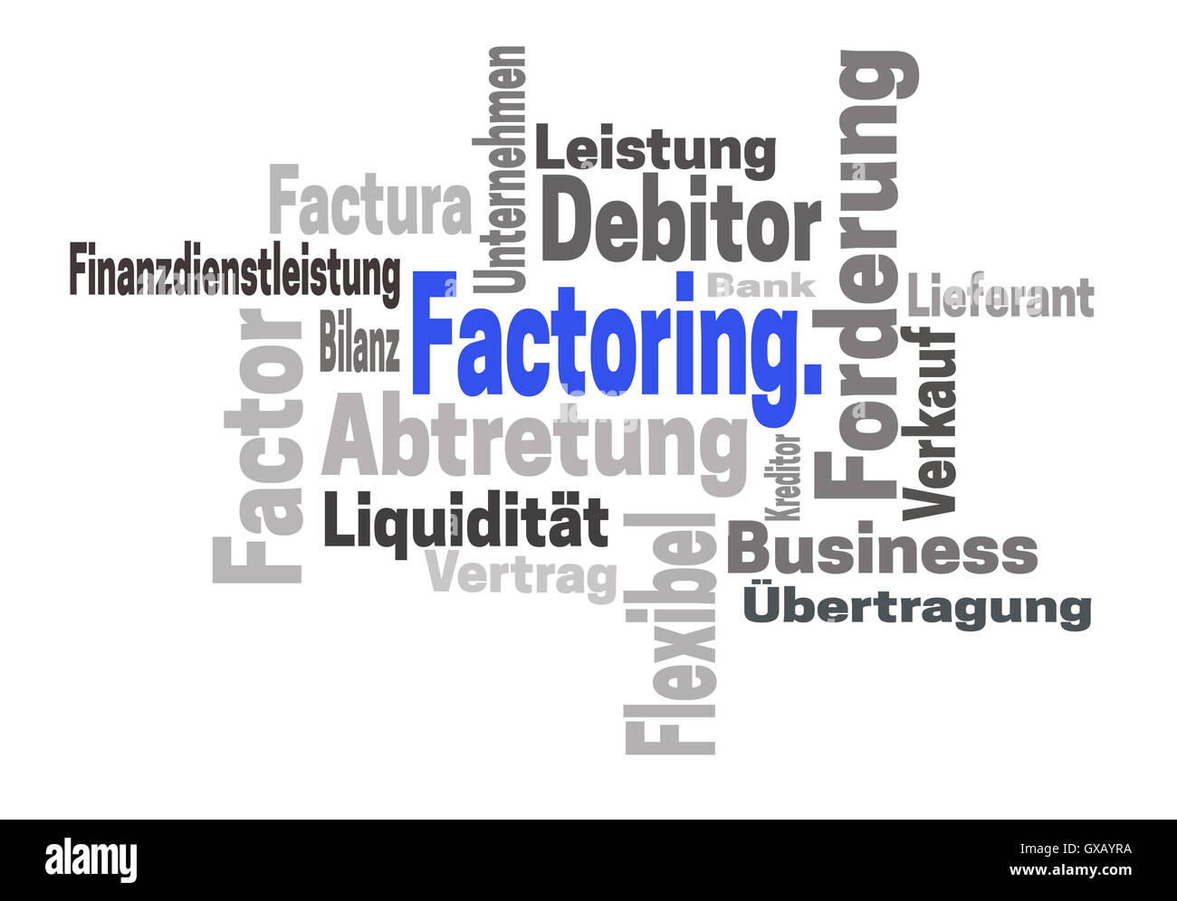 Il factoring Abtretung Finanzdienstleistung (in tedesco assegnazione servizi finanziari) concetto wordcloud. Foto Stock