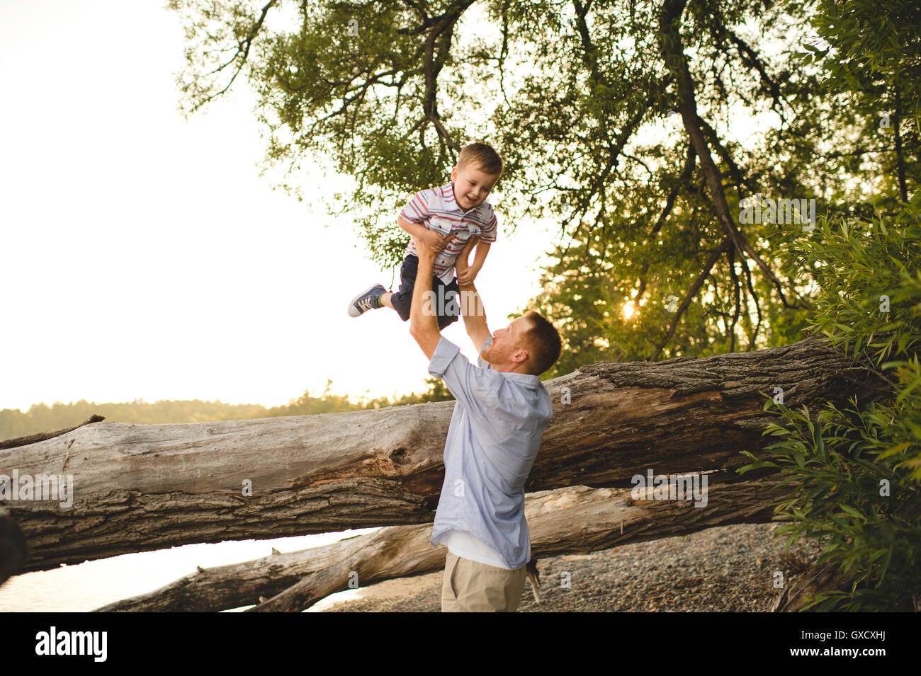 Padre aiutando figlio saltare da un tronco di albero sul Lago Ontario, Oshawa, Canada Foto Stock