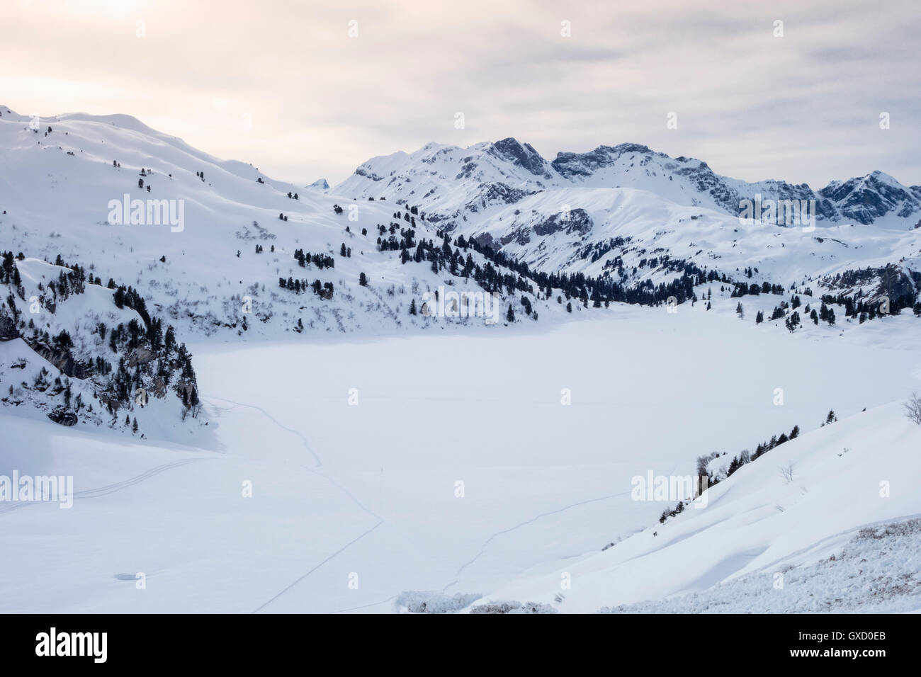 Coperte di neve valle di montagna di Engelberg, Monte Titlis, Svizzera Foto Stock