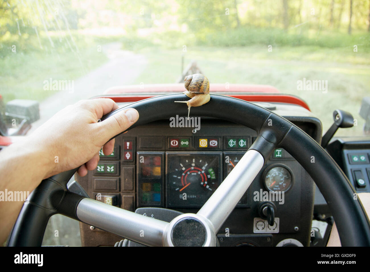 Va a passo di lumaca sul volante del trattore, Vogogna,Verbania, Piemonte, Italia Foto Stock