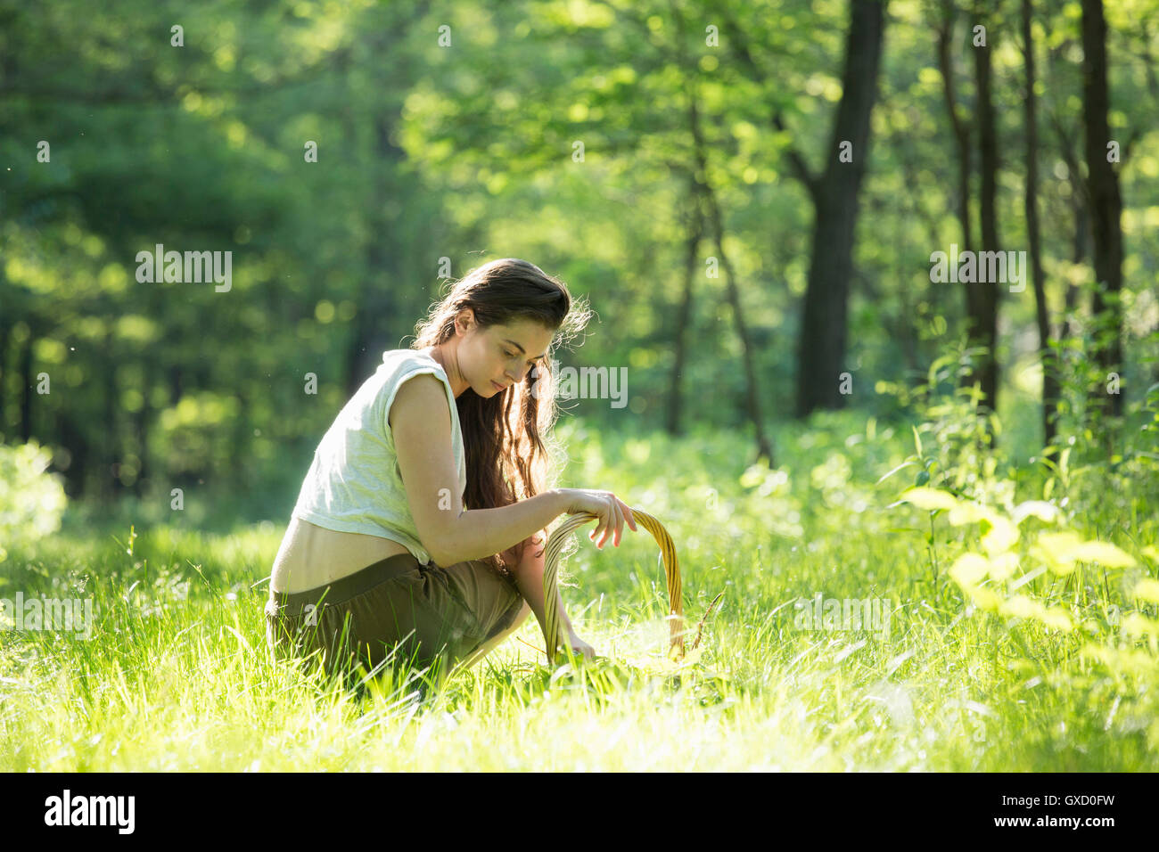 Giovane donna accovacciata ai foraggi di erbe selvatiche nella foresta, Vogogna, Provincia di Verbania, Piemonte, Italia Foto Stock