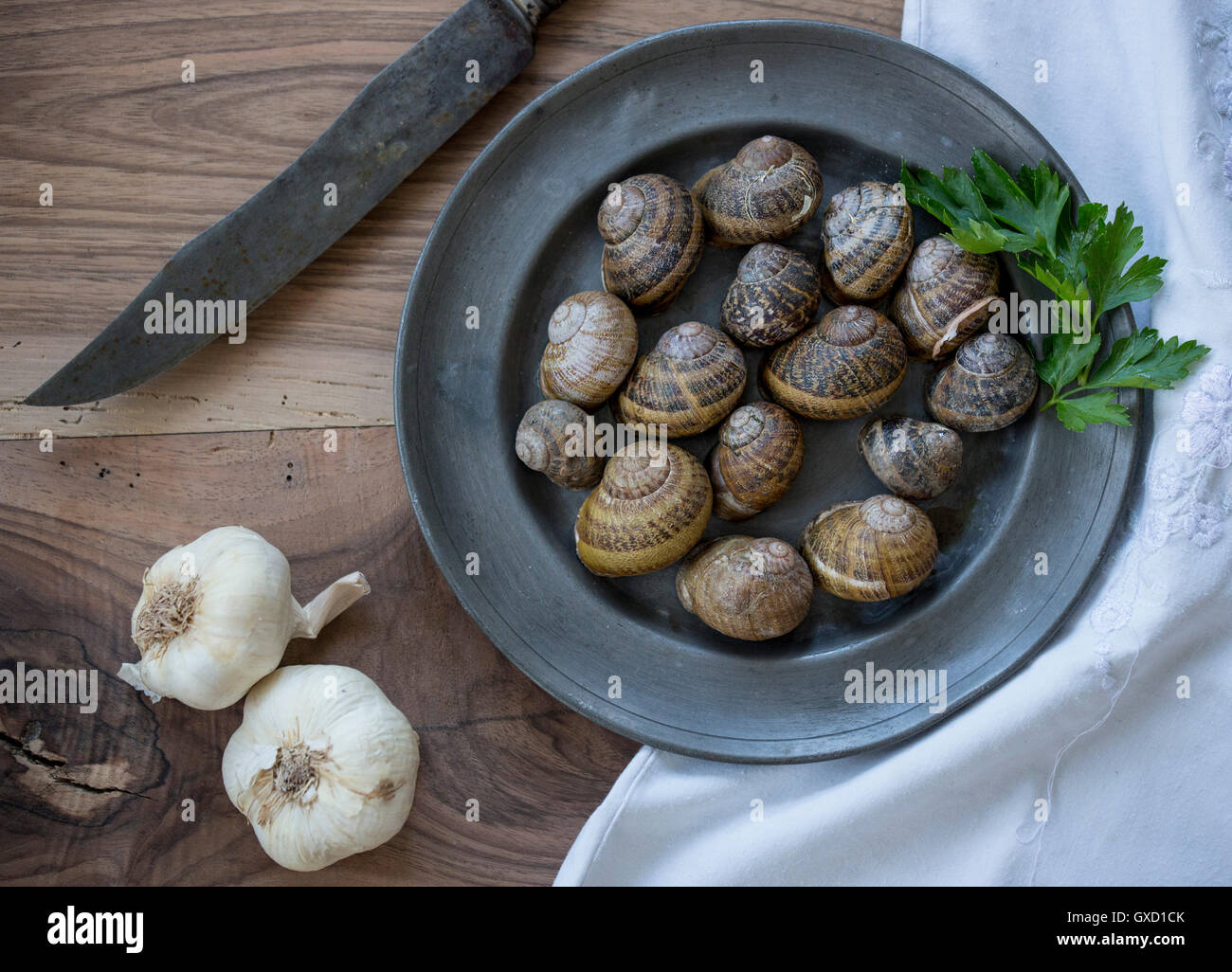 Vista aerea di gusci di lumaca e aglio sul tavolo Foto Stock