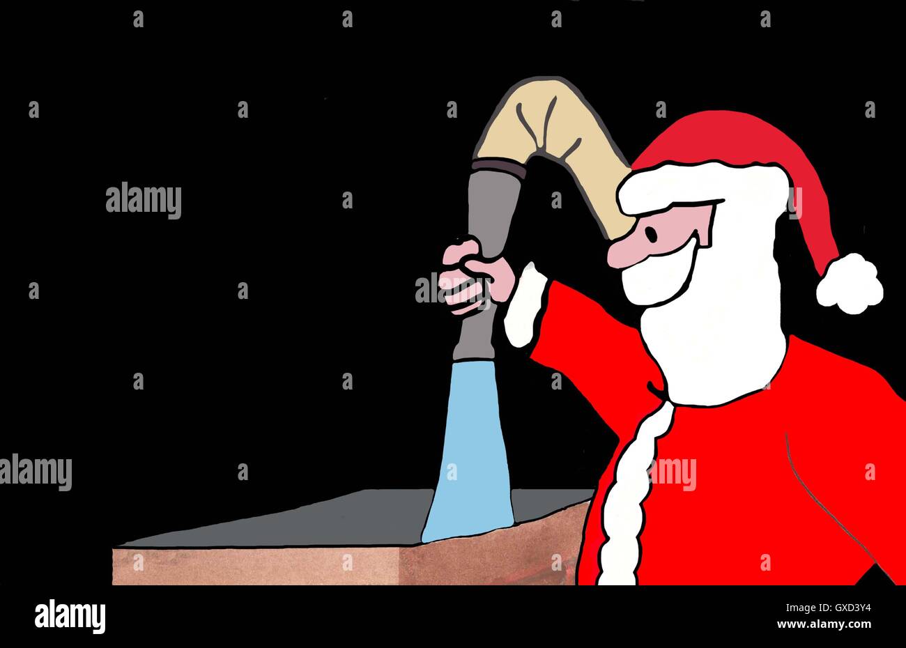 Natale a colori illustrazione che mostra la Santa Claus mettendo acqua giù per il camino di mettere il fuoco nel camino. Foto Stock
