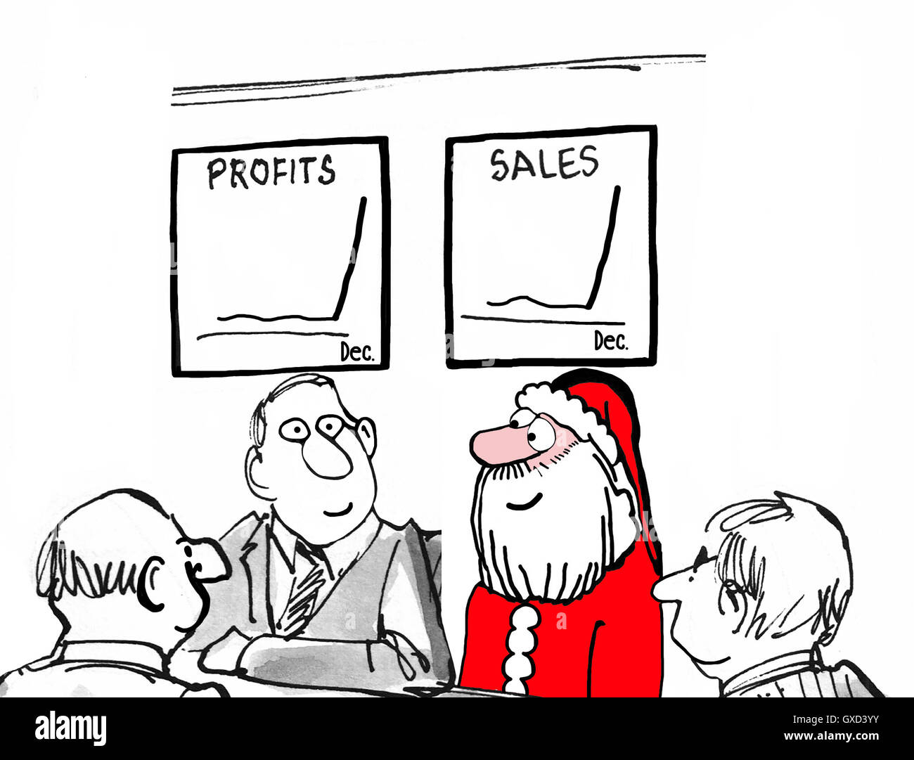 Business e di Natale illustrazione che mostra la Santa Claus in una riunione di affari e i grafici mostrano le vendite e i profitti sono in alto. Foto Stock