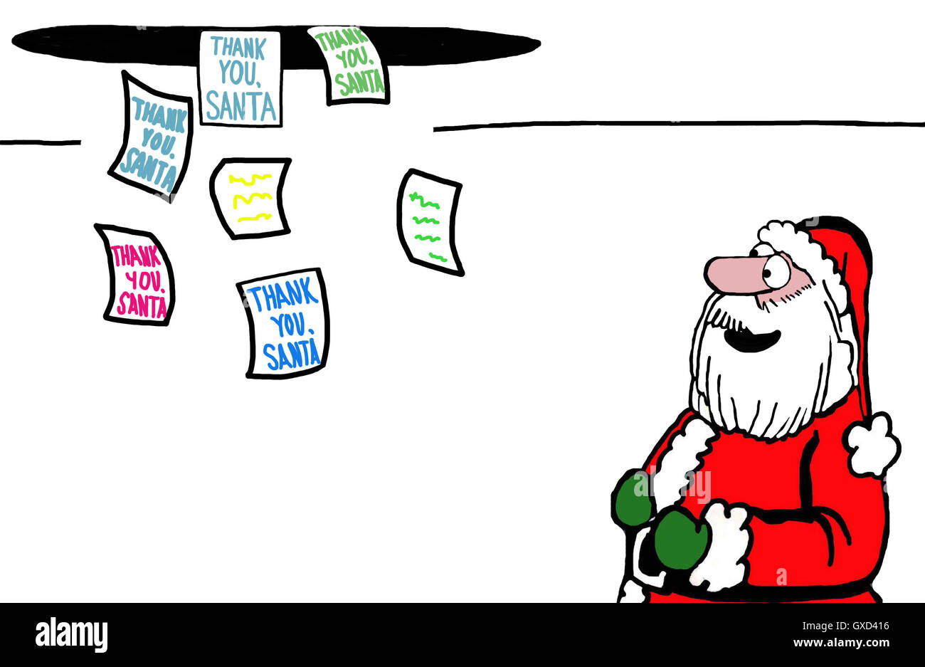 Illustrazione a colori di Babbo Natale sorridente come note di ringraziamento proveniente da bambini. Foto Stock