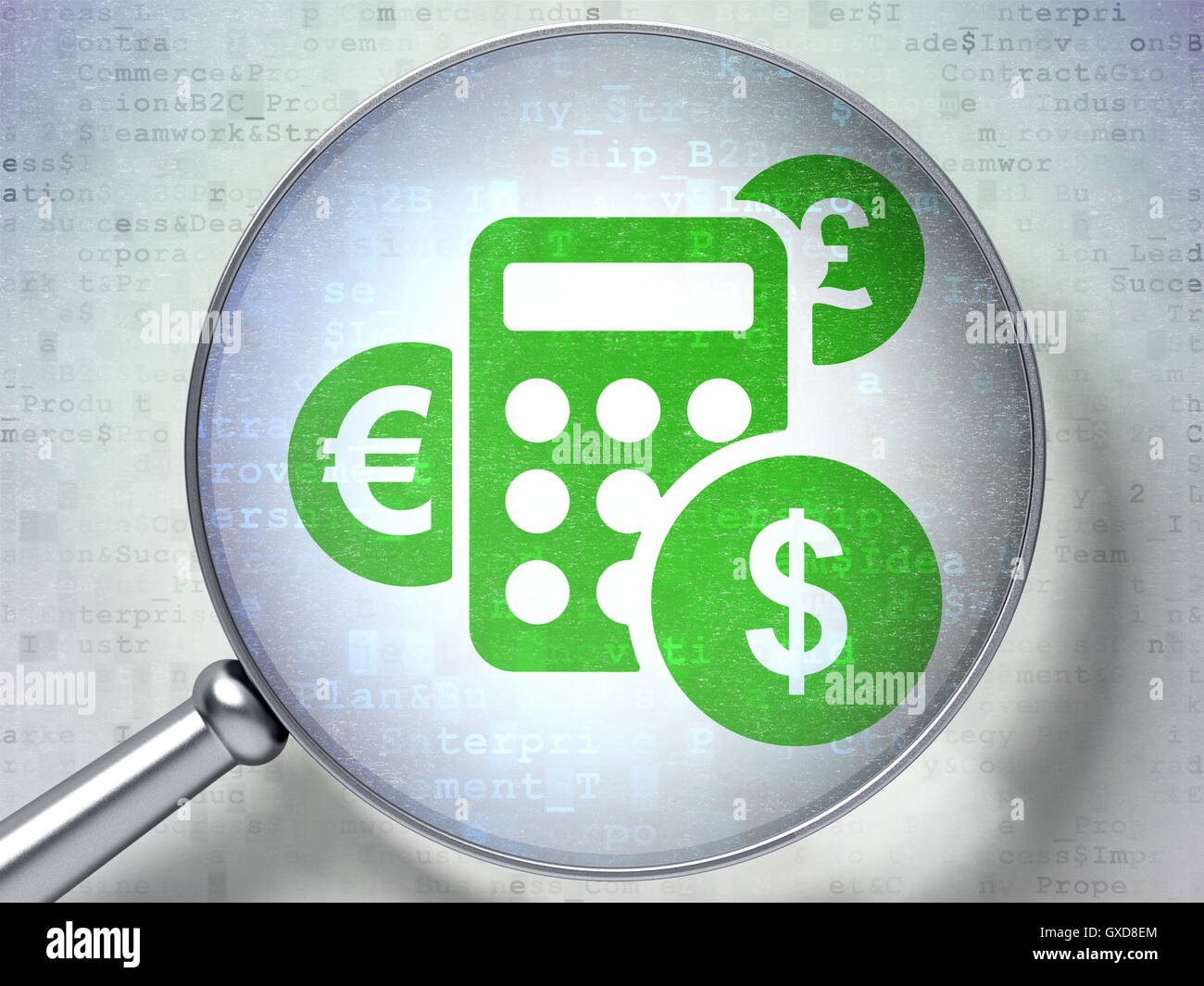 Concetto di commercializzazione: calcolatrice con vetro ottico su sfondo digitale Foto Stock