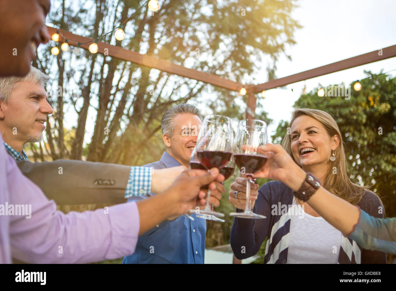 Coppia di amici in un cerchio facendo un vino rosso toast al party in giardino Foto Stock