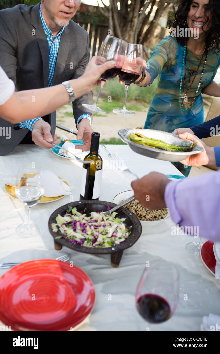 Donne mature vinificazione toast al party in giardino tavolo Foto Stock