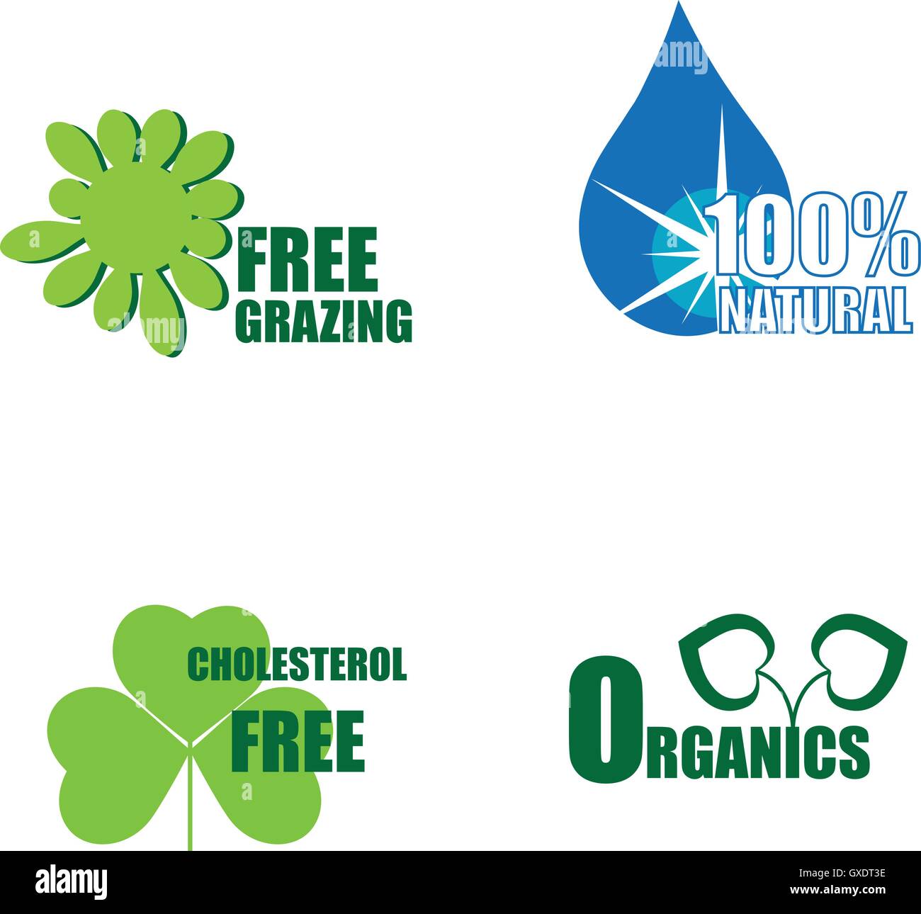 Quattro cibo sano di etichette Illustrazione Vettoriale