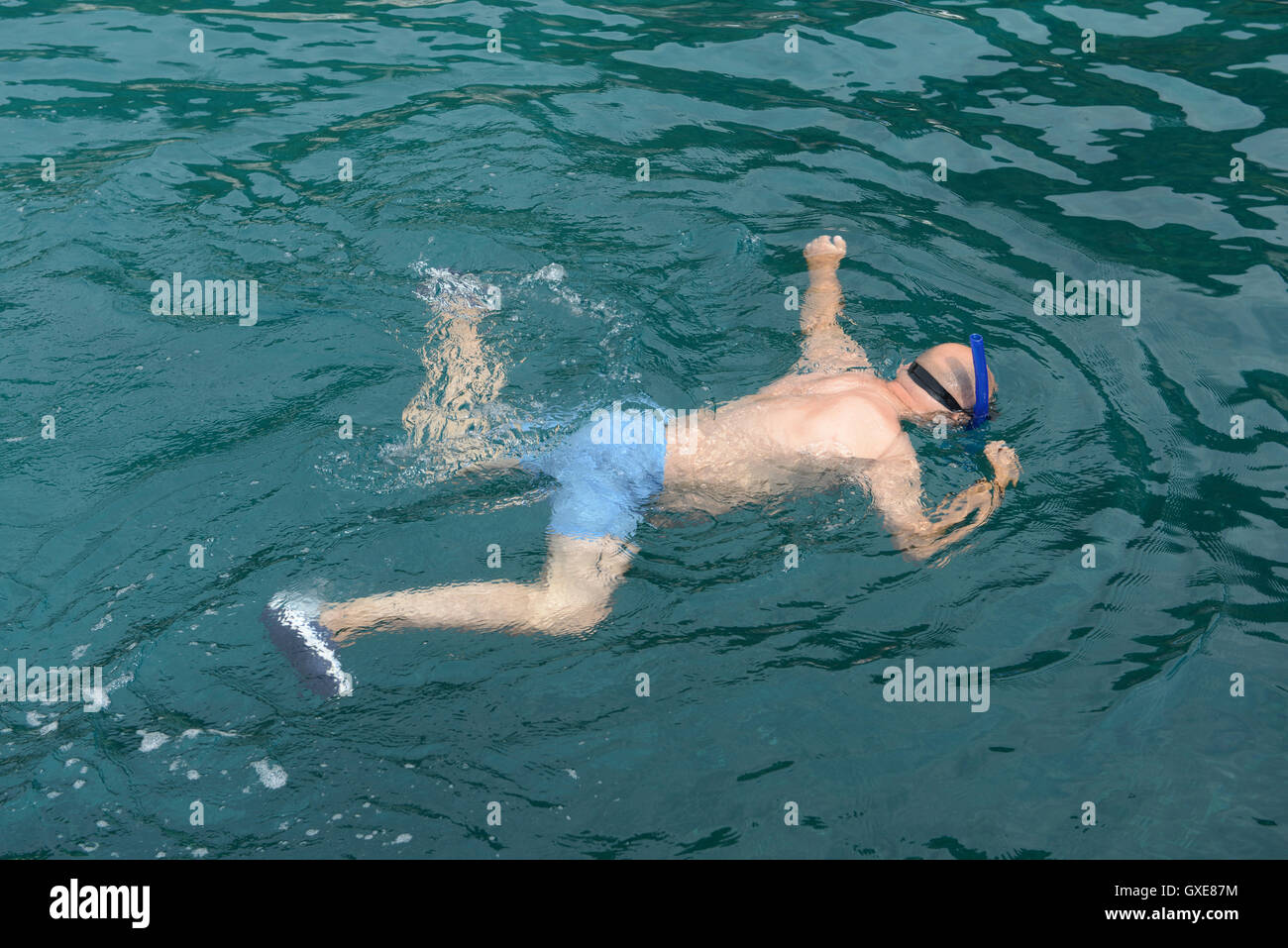 L uomo lo snorkeling in acque chiare per osservare la vita marina. Foto Stock