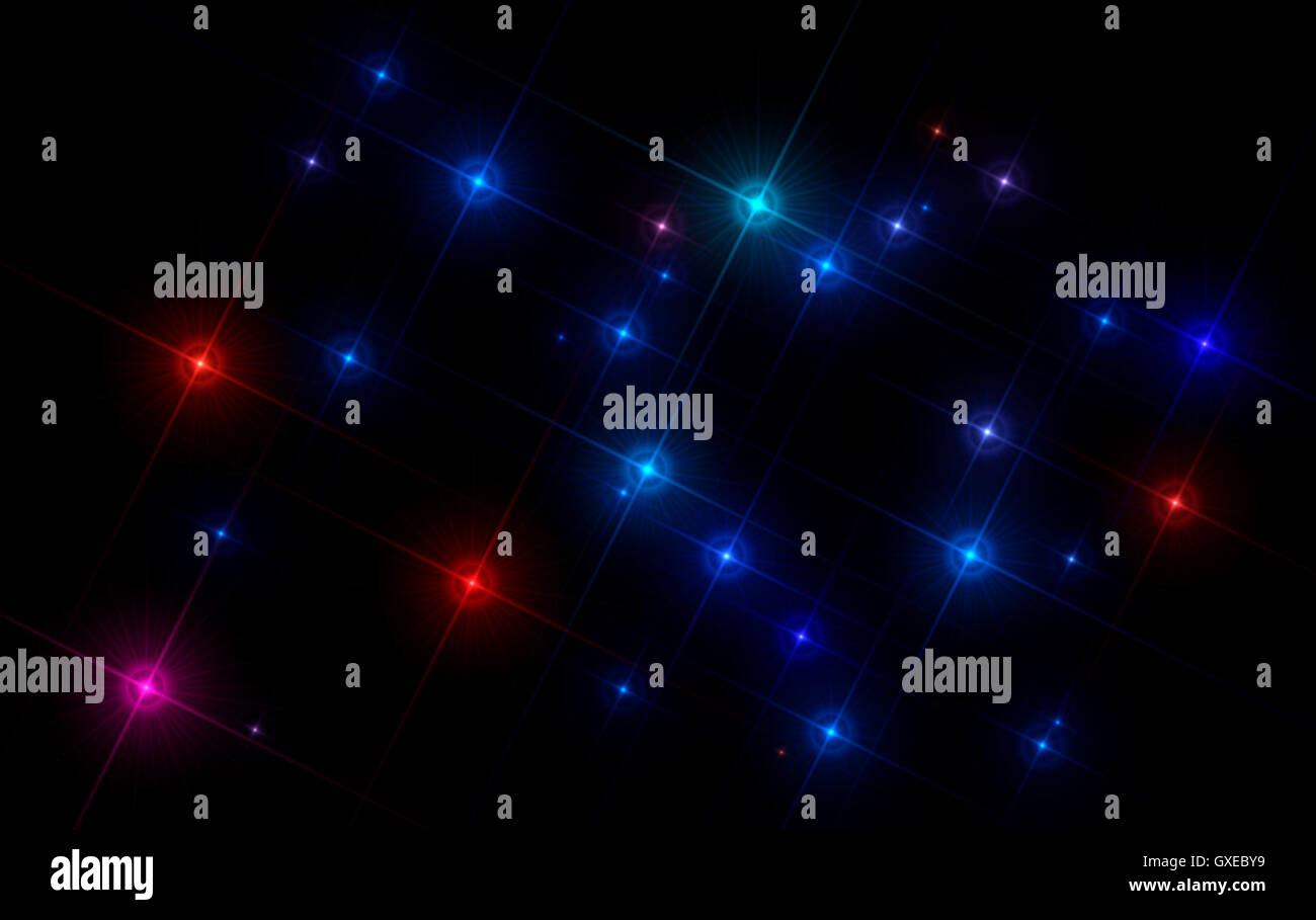 Spazio astratto sfondo stellato illustrazione composta di spumanti stilizzata luccichio variegato (rosso, blu e viola) stelle Foto Stock