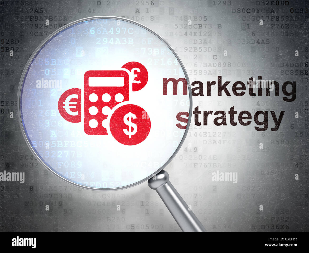 Concetto di commercializzazione: calcolatrice e strategia di marketing con optica Foto Stock