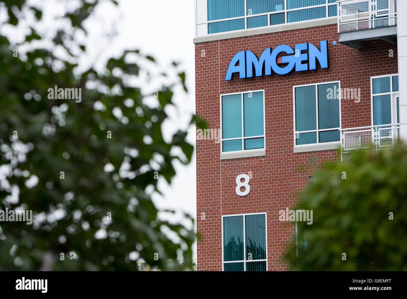 Un segno del logo al di fuori di una struttura occupata da Amgen in Woburn Massachusetts il 13 agosto 2016. Foto Stock