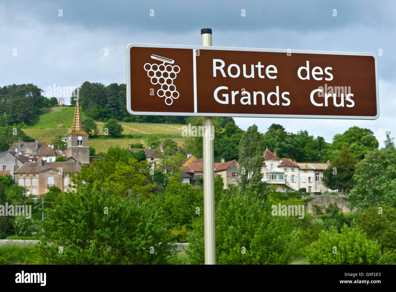 Route des Grands Crus a segno con il celebre vino crescente villaggio di Pernand Vergelesses dietro Cote d o Borgogna Francia Foto Stock