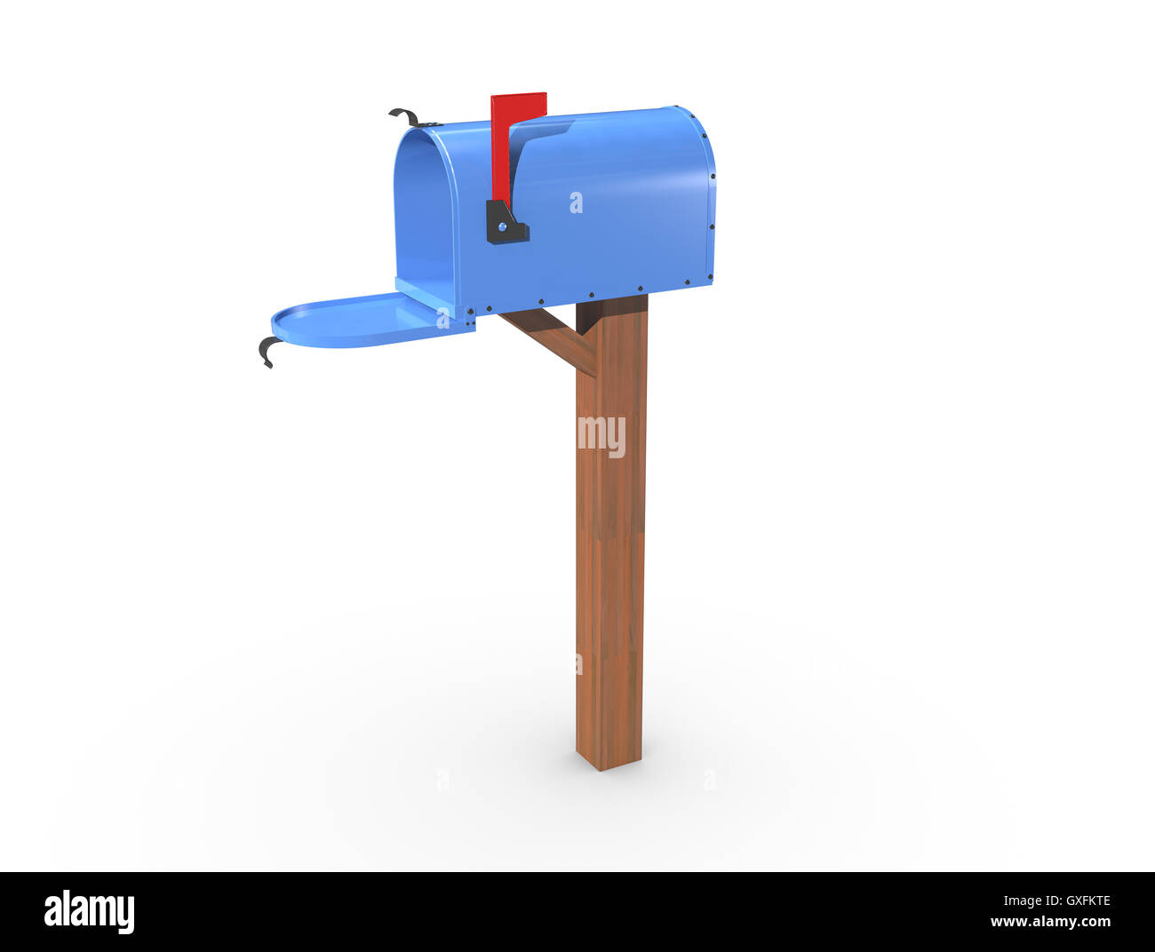 Un rendering 3D di un blu e vuoto US Mailbox, aprire con carcassa pulita e bandiera rossa. Foto Stock